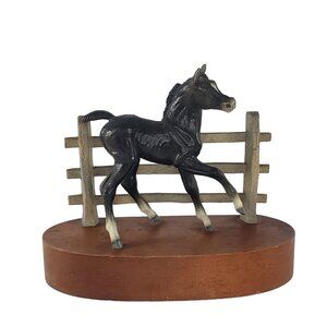 Vintage Metal Foal Horse Figurine With Wood Base Fence Black Color
